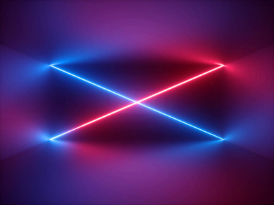 交叉的走廊3d渲染,红蓝霓虹灯,抽象背景与交叉线,虚拟现实中的网络