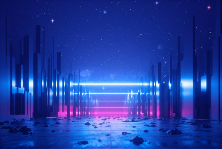虚拟现实场景3d抽象霓虹灯背景,发光的紫外线水平线,网络空间,虚拟