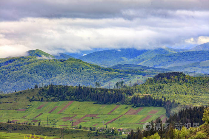 腰的山谷里,绵延着长方形的农业用地,在薄雾笼罩下的喀尔巴阡山脉风景