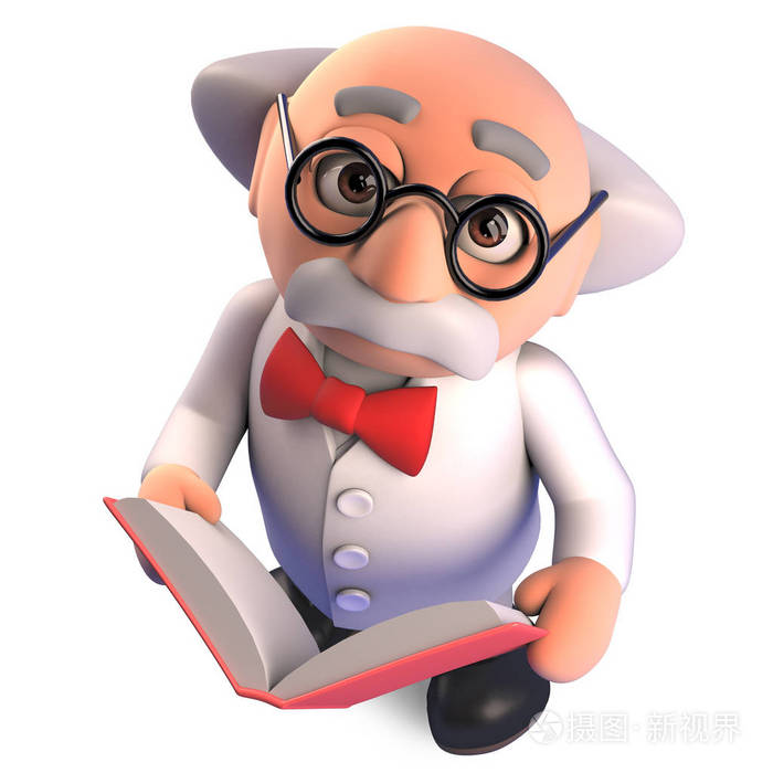 天才疯狂科学家教授读了一本非常有趣的书3d插图