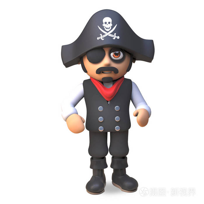 海盗船长戴着骷髅头和交叉骨帽子戴着眼罩随时准备海盗行为3d插图