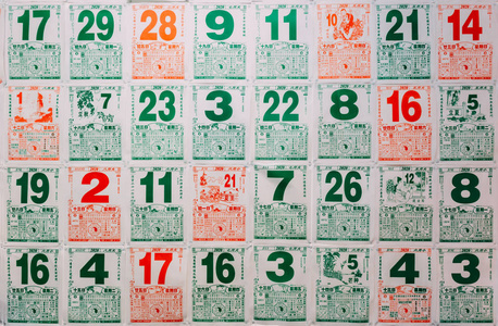 墙壁背景上的复古中国日历纸照片