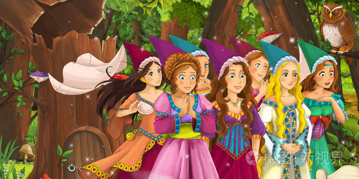 卡通场景与快乐的少女公主公主皇家人群在森林中遇到一对猫头鹰飞行