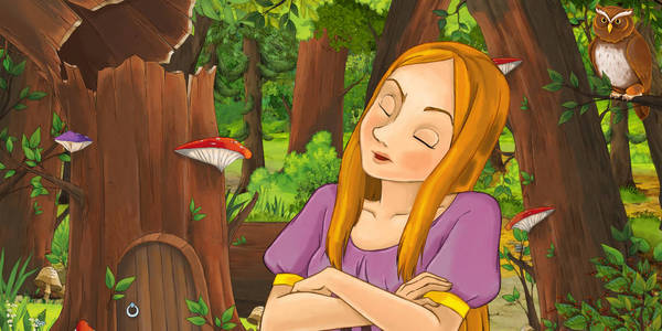 卡通场景与快乐的少女公主在森林中遇到一对猫头鹰飞行-儿童插图照片