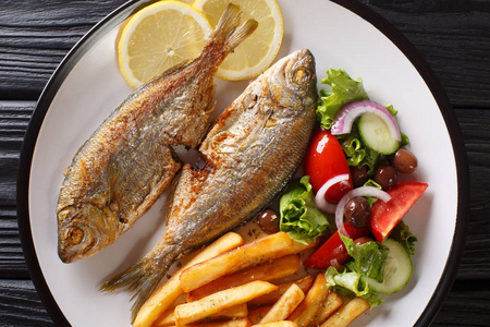 油炸salema porgy fish配以新鲜沙拉和法国菜照片