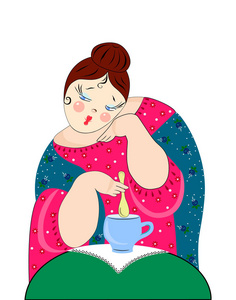 一幅闷闷不乐的妇女喝茶的平面图.一块蓝手帕搭在她的肩上.