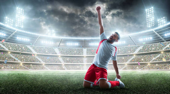 职业足球运动员庆祝赢得公开赛.强烈的足球乐趣.胜利喜悦照片