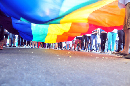 举着旗帜人们举着五颜六色的运动lgbt旗帜照片