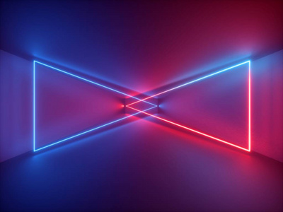 3d渲染,红蓝霓虹灯,带有发光三角形的抽象背景,虚拟现实中的网络空间