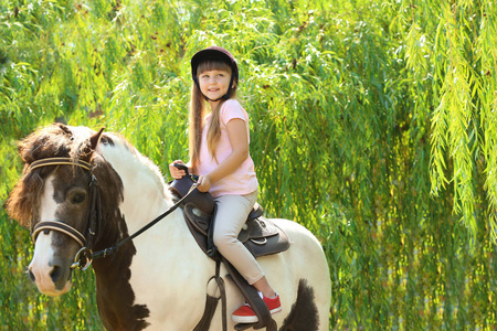 绿色公园里骑着小马的可爱小女孩照片