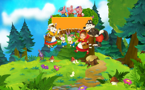 草原人物草原上有狼的卡通童话场景和不同人物的标题框儿童插图照片