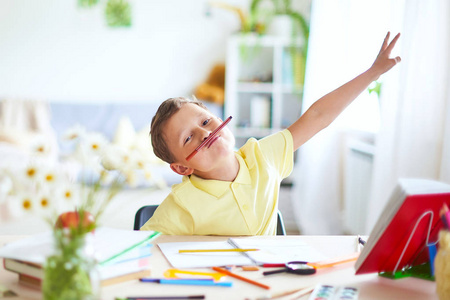 这个男孩在家做作业.快乐的孩子和照片