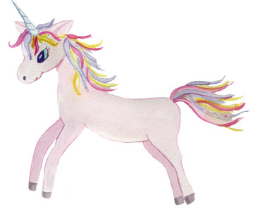 白色背景上孤立的粉红色公主独角兽.印刷品,海报的水彩画插图照片