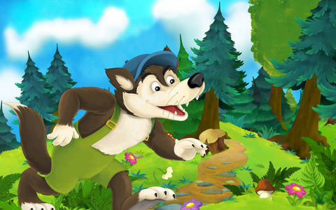 草原上有狼的卡通童话场景-儿童插图照片