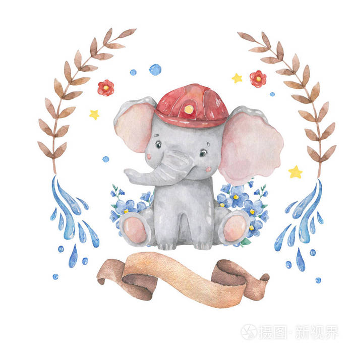 可爱的婴儿野生动物大象美丽的花环,框架,花束水彩画在白色背景上手绘