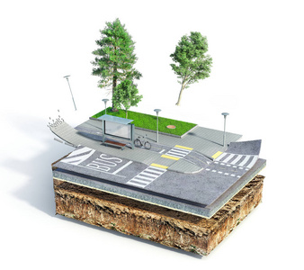 城市公共汽车站在一块地上.见道路结构.三维插图照片