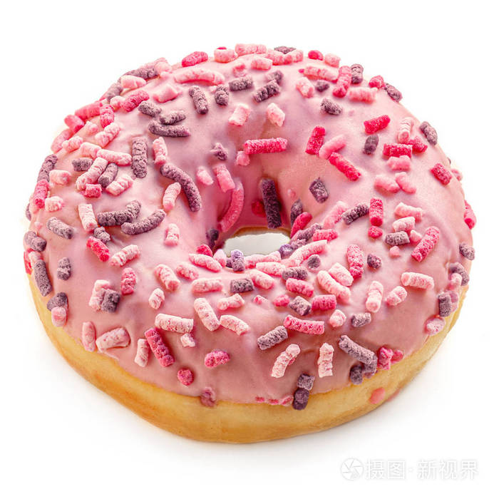 粉红色的糖霜甜甜圈在白坝上有五颜六色的点缀