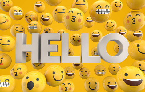 一组表情符号角色脸上有单词hello,3d re手写字namaste或hello在橙色