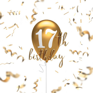 签名生日快乐17岁生日快乐金气球问候背景.三维渲染照片