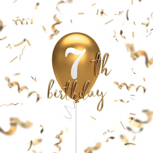 7岁生日快乐金气球问候背景.三维渲染照片
