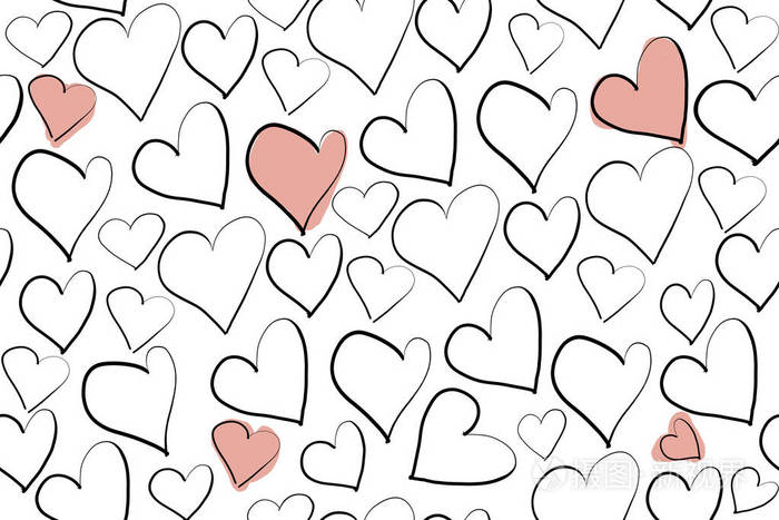 手绘涂鸦图案不同的心和粉红色的斑点在白色的背景.