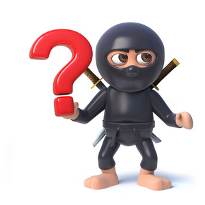 3d搞笑卡通忍者刺客角色手持问号符号照片