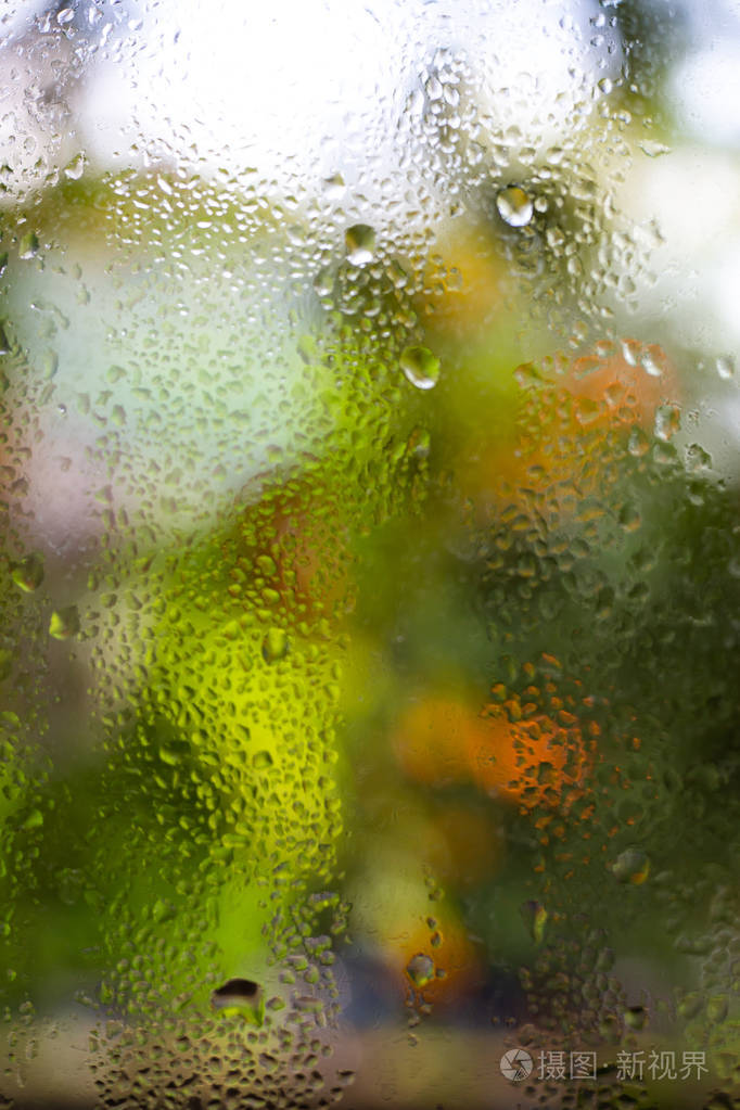 雨滴波基绿园背景中镜子上的水滴特写和微距拍摄选择性聚焦关于早晨