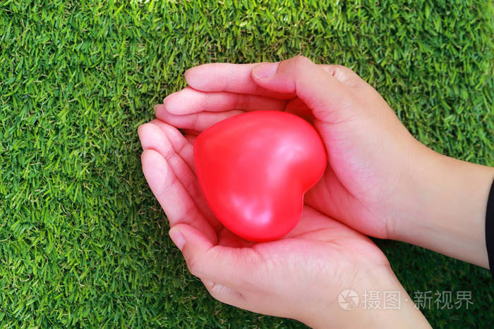 绿色玻璃上捧着红心的人的手
