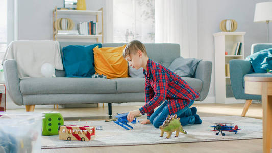 在阳光明媚的客厅里,小孩子在地毯上玩耍.照片