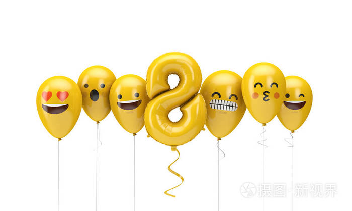 8号黄色生日表情符号面对气球三维渲染