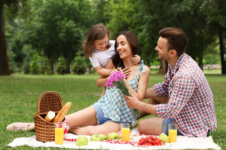 快乐的一家人在公园野餐图片
