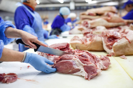 肉店里切猪肉的屠夫.照片