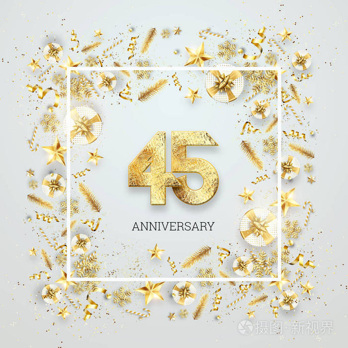 创作背景45周年纪念庆祝金色的文字和五彩纸屑在一个轻的背景数字框架