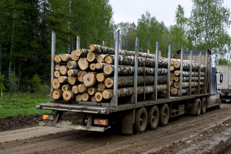 锯材翻斗车运输卡车在路上运送原木伐木装在卡车上运送木材的大卡车