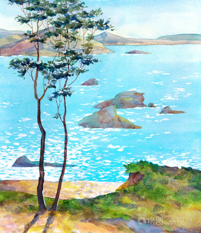 水彩风景画海上晴天