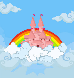 梦幻公主城堡在多云的天空彩虹图片