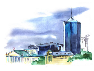 手绘城市水彩城市现代化的摩天大楼坐落在低矮的房屋中,背景是雄伟的