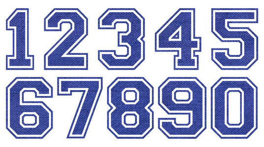 一套牛仔蓝靛蓝牛仔裤数字字体纹理图案孤立的白色背景照片