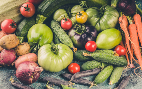 新鲜蔬菜:西红柿,西葫芦,土豆,洋葱,胡萝卜,豆类和豌豆.