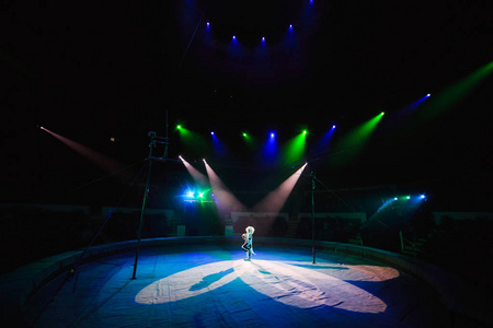 马戏团中的小丑表演.马戏团里走钢丝的人.照片