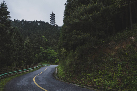 中国江西明月山上的道路和宝塔图片