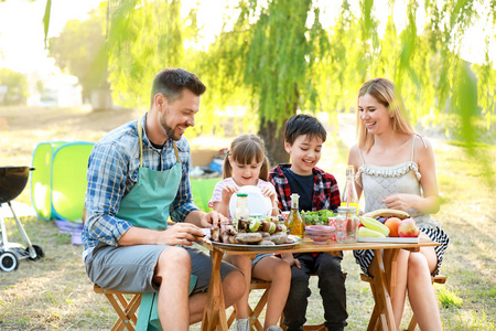 快乐的一家人在夏天野餐图片