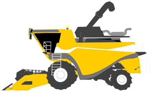 橙色生产橙色小麦农业联合收割机的卡通彩色3d模型的工业3d插图,白色
