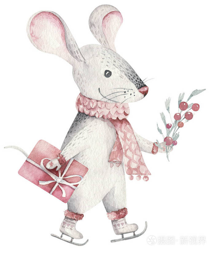 可爱有趣的卡通圣诞老鼠圣诞卡水彩手绘老鼠动物插图2020年新年假期