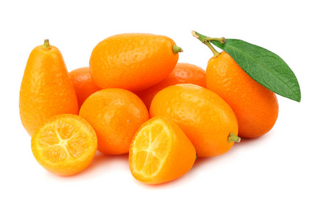 cumquat or kumquat with slices and leaves isolated on white back