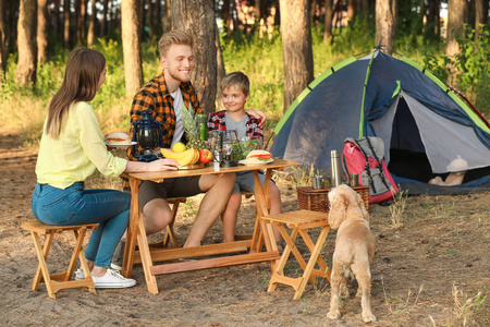 快乐的一家人在森林里野餐图片