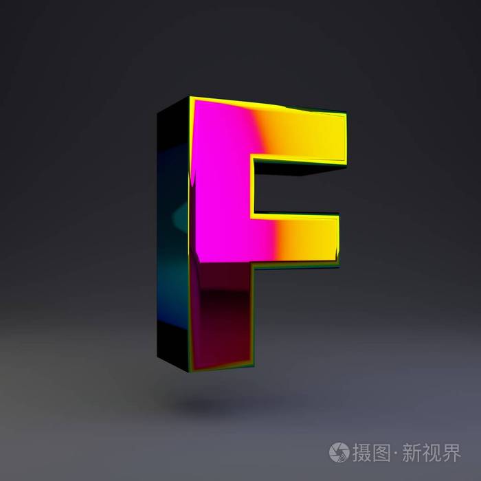 全息3d字母f大写有光泽的字体彩色反射和阴影隔离在黑色背景上