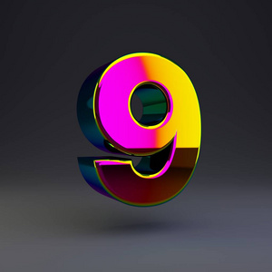 全息3d数字9.有光泽的字体,彩色反射和阴影隔离在黑色背景上.照片