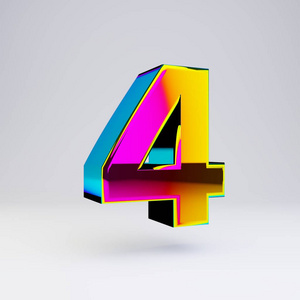 全息3d数字4.有光泽的字体,彩色反射和阴影隔离在白色背景上.插画