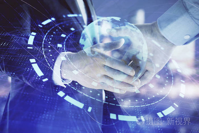 两位商人握手的城市景观背景下的世界地图双曝光国际商务概念